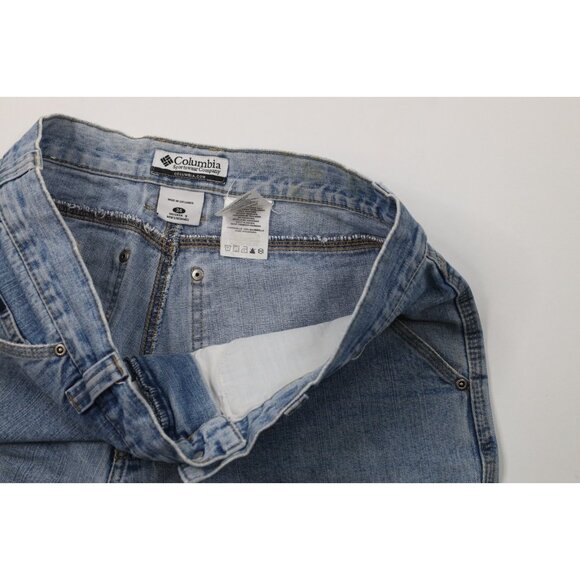 Vtg Columbia Mens 34 Distressed Spell Out Dungaree Above Knee Denim Jean Shorts - Picture 8 of 13
